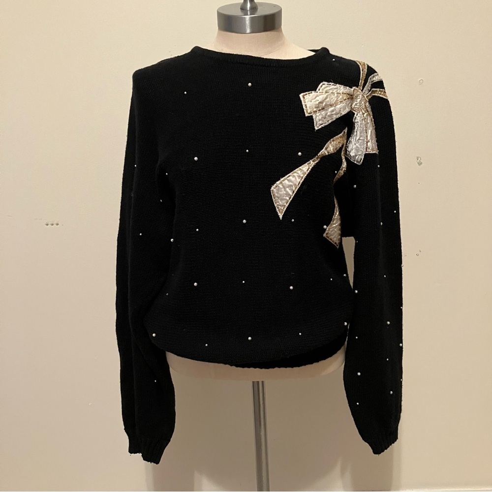 VTG 90s Black Women’s Sz. M Bow Applique Sweater Pearls Beads Holiday Glam